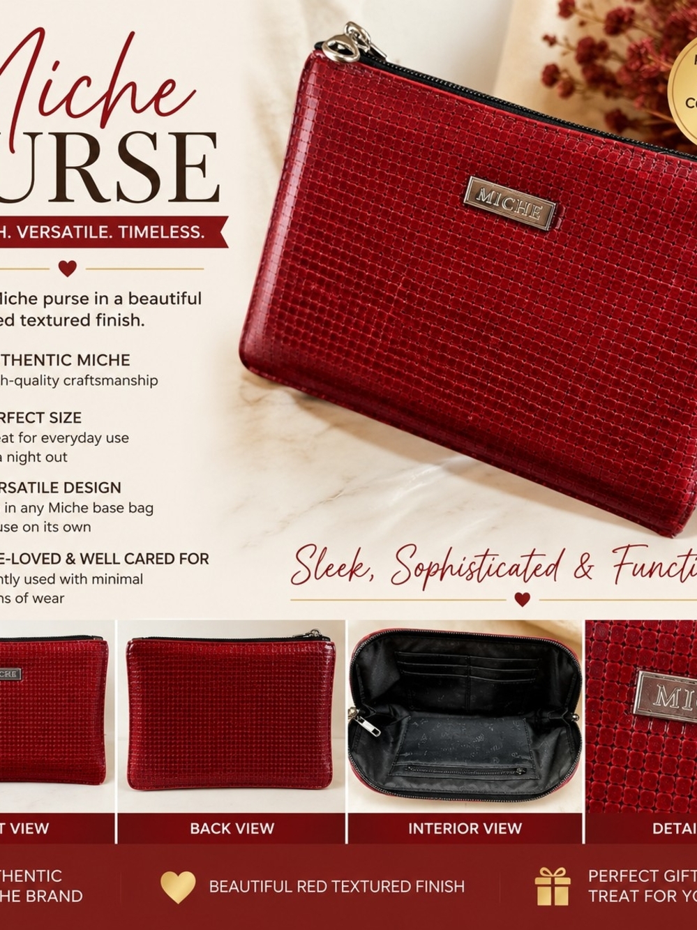 Miche Red Textured Zip Pouch with Metal Logo